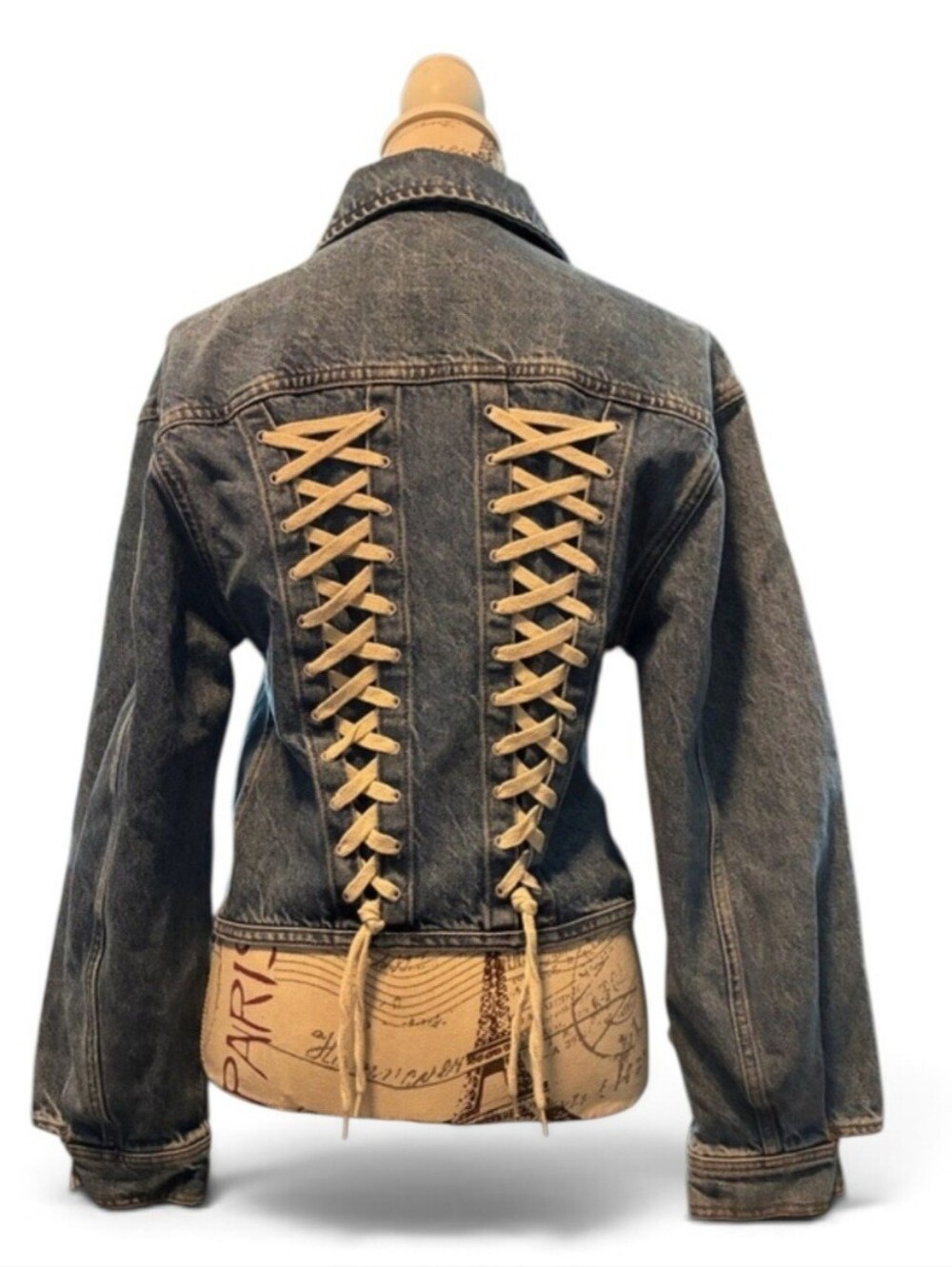 Maje Blue Denim Jacket with Cream Lace-Up Back Size 38 US 6